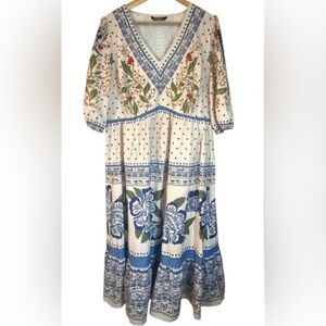 BloomChic Blue and Green V neck Floral Tropical Bird Maxi Dress